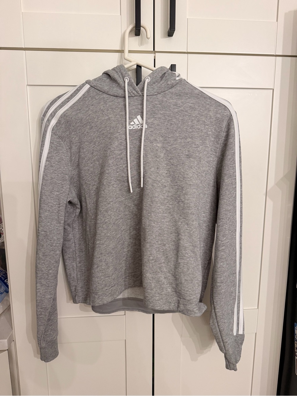 adidas Light Gray Hoodie with White Stripe Accents